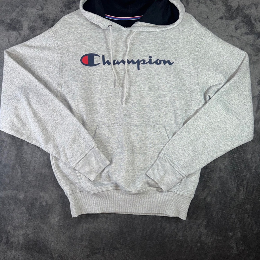 Mens Small Champion Hoodie Gray Excellent Script Logo Pullover Sweatshirt